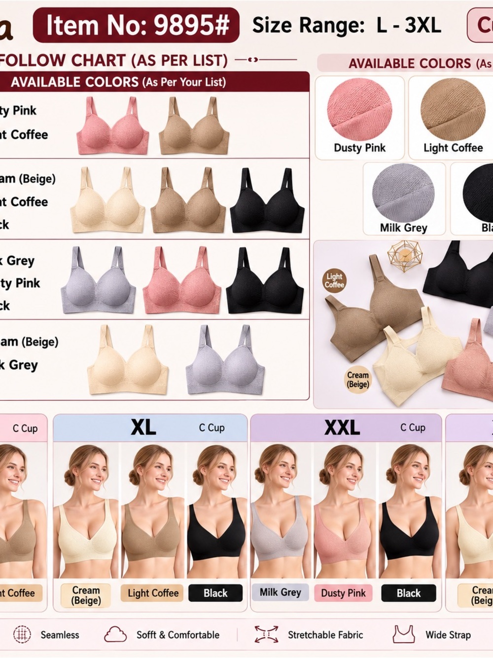 BraAria Seamless Wireless Comfort Bra C Cup L-3XL